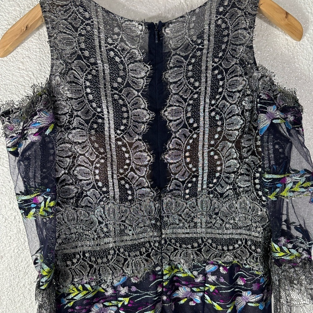 Marchesa Notte Cold Shoulder Metallic Lace Embroidered Tulle Dress - Picture 5 of 12